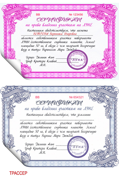 Комплект сертификатов (для женщины и мужчины) Право собственности на участок на Луне